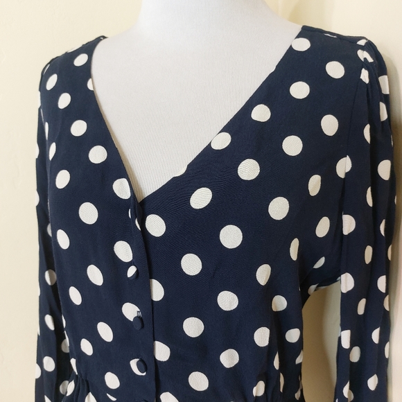 J. Crew Polka Dot Dark Navy Blue Long Sleeve Peplum Button Down Blouse - Picture 3 of 11